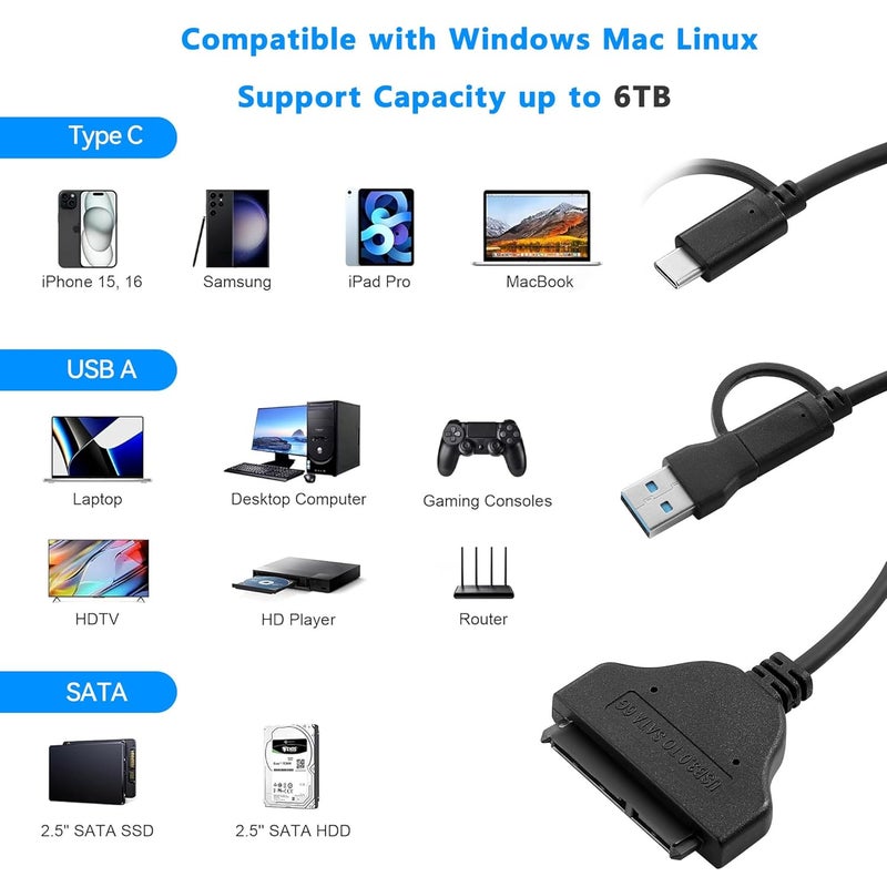 FANBLACK 2-in-1 SATA to USB Cable 0.75ft, USB-C/USB-A 3.0 to SATA III Hard Driver Adapter Compatible for 2.5 inch HDD and SSD External Converter(23cm) - Image 5